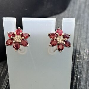 Heated ruby flower earrings sterling silver 14kwgp NWOT
